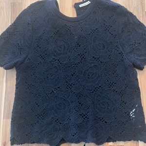Abercrombie and Fitch Black Crochet Short-Sleeve Top with button detail back.
